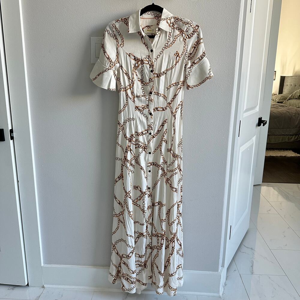 Antropologie Maeve Short Sleeve Gold Chain Print Dress  Size XXS